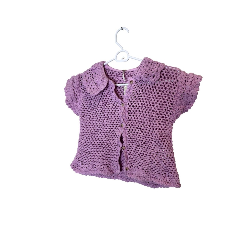 Free People Sweater Cardigan Womens XS Purple Crochet Collared Short Sleeve - Picture 1 of 10